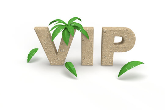 Naklejki VIP text made of sand with palm trees for summer vacation. Banner title idea for your business. 3d rendering 