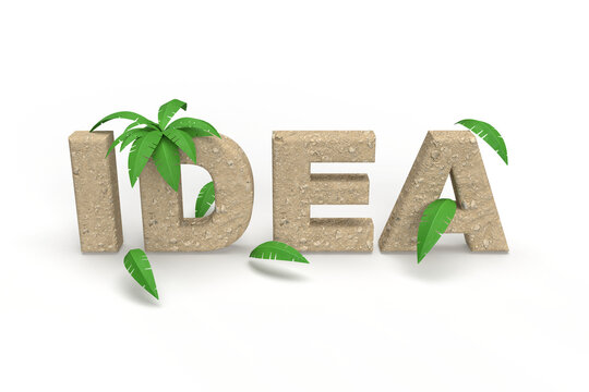 Naklejki Idea text made of sand with palm trees for summer vacation. Banner title idea for your business. 3d rendering 