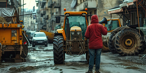 Witness the strength of rural activism with this striking image of a farmer on strike, using a tractor to protest against tax increases.The scene reflects the challenges for their rights amid economic - obrazy, fototapety, plakaty