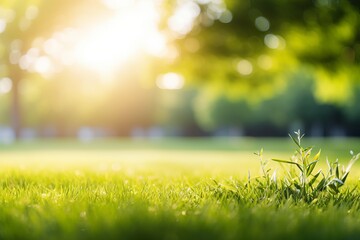 Spring bliss. lush green grass in foreground, softly blurred sunny backdrop, essence of spring