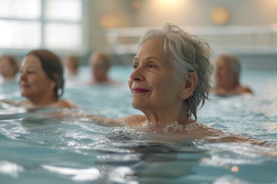 Retired women with swim caps and goggles enjoy synchronized aqua gym exercises, promoting well-being and camaraderie in a tranquil pool setting.