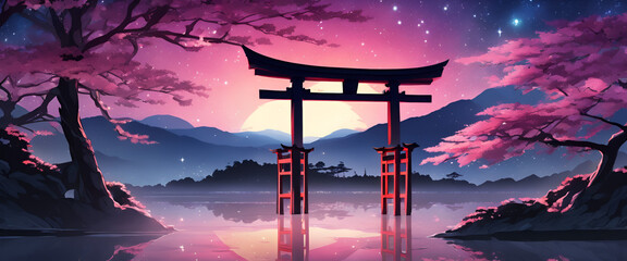 Colorful Vibrant Anime Torii Gate Japanese Landscape with Sakura and Galactic Sky Ultrawide...