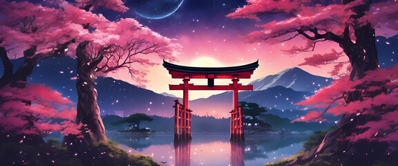 Colorful Vibrant Anime Torii Gate Japanese Landscape with Sakura and Galactic Sky Ultrawide Background - obrazy, fototapety, plakaty