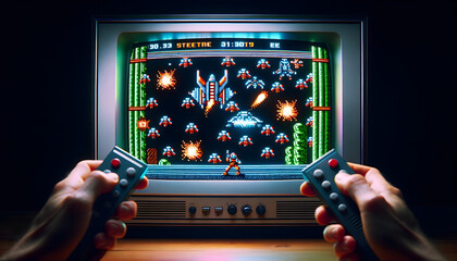 Retro TV Set Displaying 8-bit Arcade Video Game: Nostalgic Shooter Experience with Pixelated Graphics