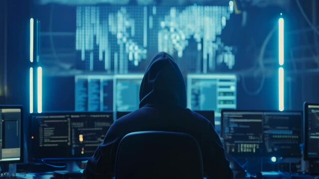 hacker from behind with black hooded sweatshirt, desk with multiple hud screens
