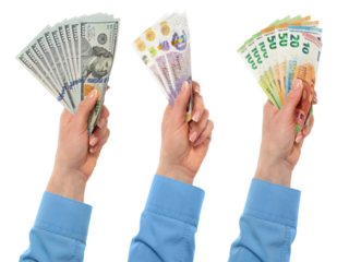 Female hand holding euro, dollars and British pounds currency isolated on white background.