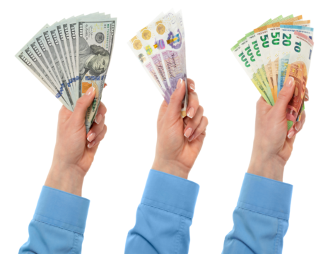 Female hand holding euro, dollars and British pounds currency isolated on white background.