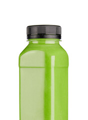 Bottle of healthy green smoothie on white
