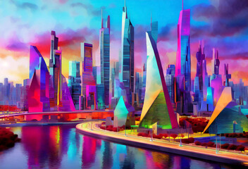 Illustration of Colorful Modern Cityscape against Twilight Sky