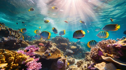 Fototapeta na wymiar Sunlit Coral Reef with School of Tropical Fish.