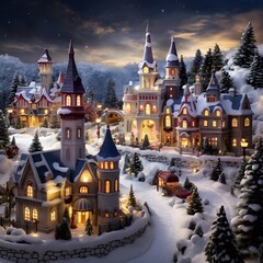 Fairy tale castle in the snow at night. 3D rendering