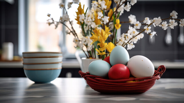 Colorful Easter Table: A Festive Celebration of Spring with Decorated Eggs, Fresh Flowers, and Rustic Wooden Background