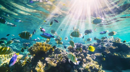 Sunlit Underwater Scene with Colorful School of Tropical Fish AI Generated. - obrazy, fototapety, plakaty