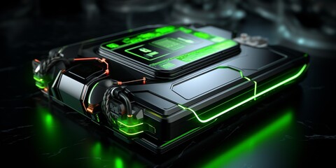 Obraz premium Cutting-edge battery technology for sustainable power storage in electric vehicles and mobile devices, utilizing renewable and eco-friendly energy sources.