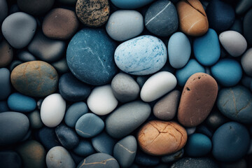Fototapeta na wymiar Nature's pebbles on a beach create an abstract, textured pattern, blending simplicity and coastal beauty.