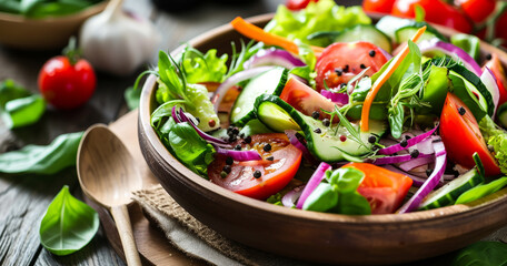 A healthy salad with fresh ingredients that looks amazingly delicious. A delicious salad for vegans and vegetarians. A salad with special sauce and spices.