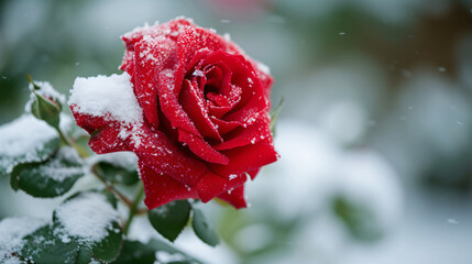 Snow covered blossom of red rose