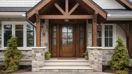 Main entrance door in house. Wooden front door with gabled porch and landing. Exterior of georgian style home cottage with white columns and stone cladding