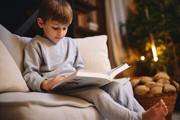 Little boy reading book while sitting on sofa in living room at home