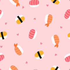 Seamless pattern with cute sushi rolls and pink hearts