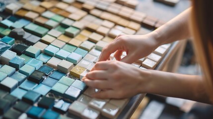 Female architect chooses epoxy grout for ceramic tiles by examining finishing options up close.
