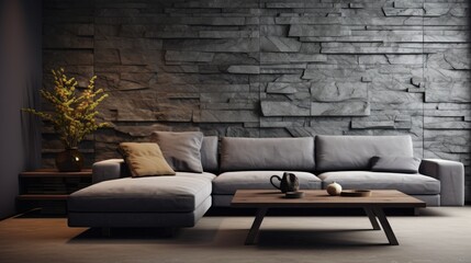Minimalist home interior design of modern living room. Live edge accent coffee table near grey fabric corner sofa against stone cladding wall