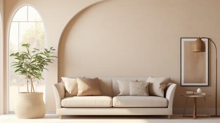 Minimalist home interior design of modern living room. Curved sofa against arched window near beige wall with copy space - obrazy, fototapety, plakaty