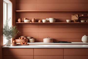 Golden Glow: White Kitchen Shelves Embraced by Light Crimson and Gold Aesthetics