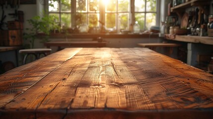 Aged wooden table in workshop setting with vintage aesthetic, captured in a photo with natural lighting and contrasting shadows. - obrazy, fototapety, plakaty