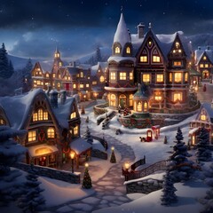 Winter village with Christmas trees and houses at night. Digital painting.
