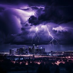 Lightning strike over the city. Thunderstorm over the city.