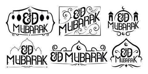 Eid Mubarak handwritten lettering set. Vector calligraphy with mosque isolated on a white background for your design