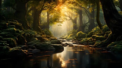 Panoramic view of a river flowing through a forest in the morning
