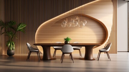 Minimalist interior design of modern dining room with abstract wood paneling arched wall