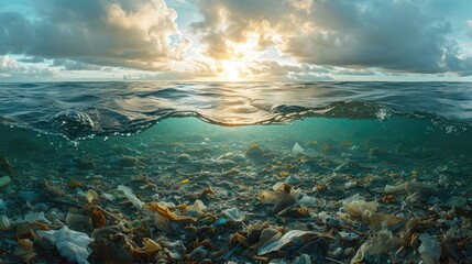 cean's surface littered with plastic waste, highlighting the extent of plastic pollution. Waves interacting with floating debris.  - obrazy, fototapety, plakaty