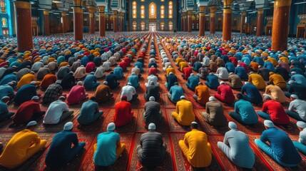 group of people gathered for Eid al-Fitr prayers, seen from the back. The image shows a diversity of colorful prayer mats and traditional attire