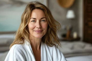 Cercles muraux Spa Skincare wellness spa procedures advertising concept with a happy cheerful middle aged woman wearing bathrobe at spa salon or hotel relax zone looking at camera