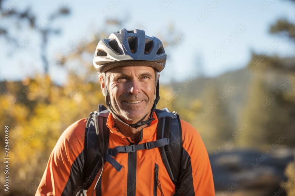 Poster Portrait of senior man with bicycle helmet in the mountains. Sport and active life concept.