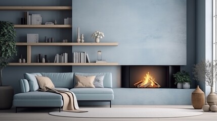 Pastel blue corner sofa against fireplace and wall with shelves. Scandinavian home interior design of modern living room