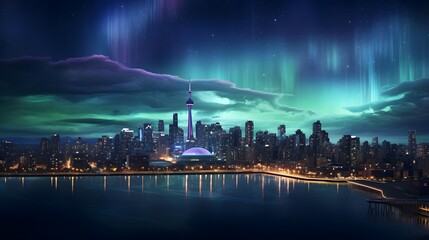Aurora borealis, northern lights over the city of Toronto, Canada