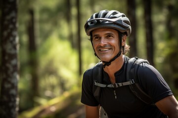 Portrait of a happy senior man with bicycle helmet in the forest