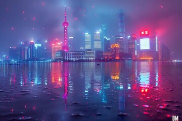 shanghai skyline and modern city skyscrapers at night