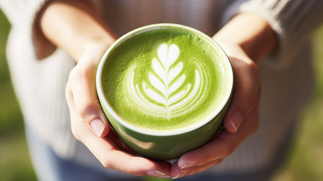 Woman's hands holding a cup of hot matcha latte