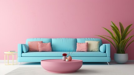 Pastel Blue sofa and round pink coffee table against multicolored stucco wall with copy space. Colorful, playful pop art style home interior design of modern living room