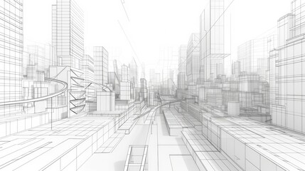 3D illustration Imagination architecture building construction perspective design, abstract modern urban landscape line drawing.   