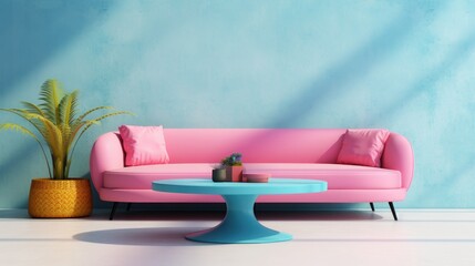 Pastel Blue sofa and round pink coffee table against multicolored stucco wall with copy space....