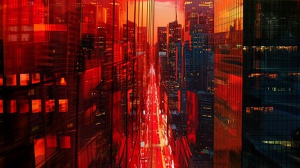 Cityscape at twilight, with skyscrapers bathed in warm, vibrant red light from street lamps and glowing signs.