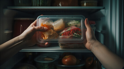 A scene of the hands taking out a plastic container containing food from the refrigerator ,Frozen foods ,   lunch - Powered by Adobe