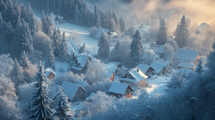 Snow-covered village nestled between frost-laden pine trees, with soft morning light casting a warm glow on the rooftops. 
