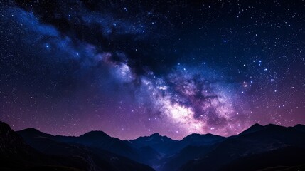 Vast, star-studded night sky, with the silhouette of majestic mountains framing the cosmic display. The image uses deep blues and purples. Milky way over the mountains in the evening.  - obrazy, fototapety, plakaty